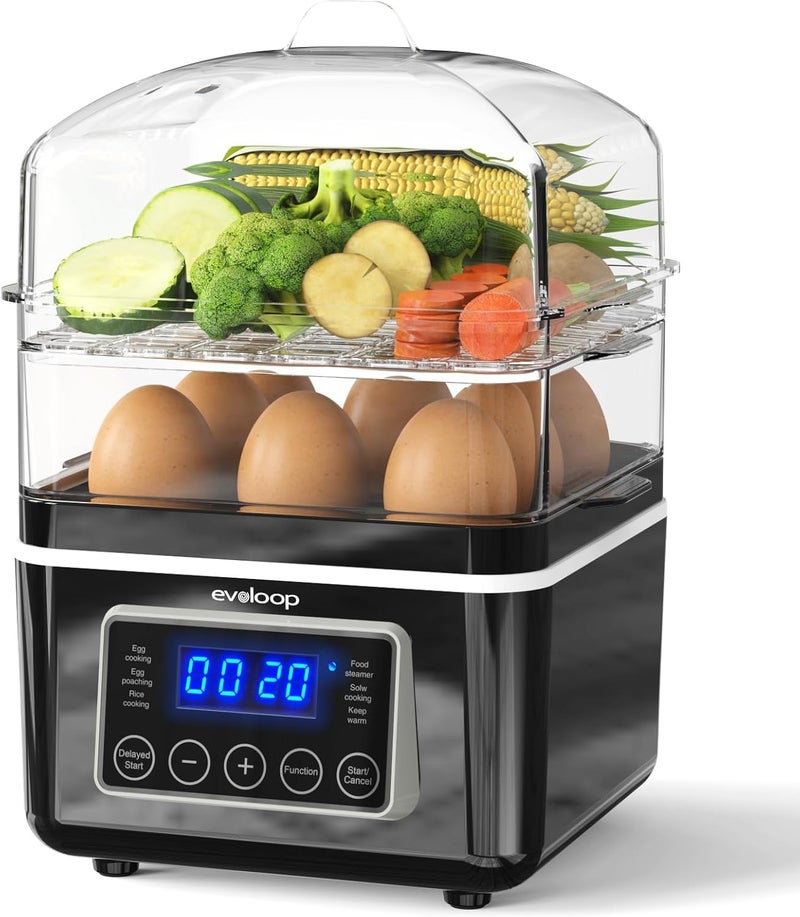 evoloop 2 Tiers Electric Food Steamer for Cooking, 4 QT Digital Multi Vegetable Steamer with BPA-Free Stackable Baskets, Rapid Egg Cooker Egg Steamer with Auto Shut-Off, Ideal for Veggies, Seafood, Rice - Image 1